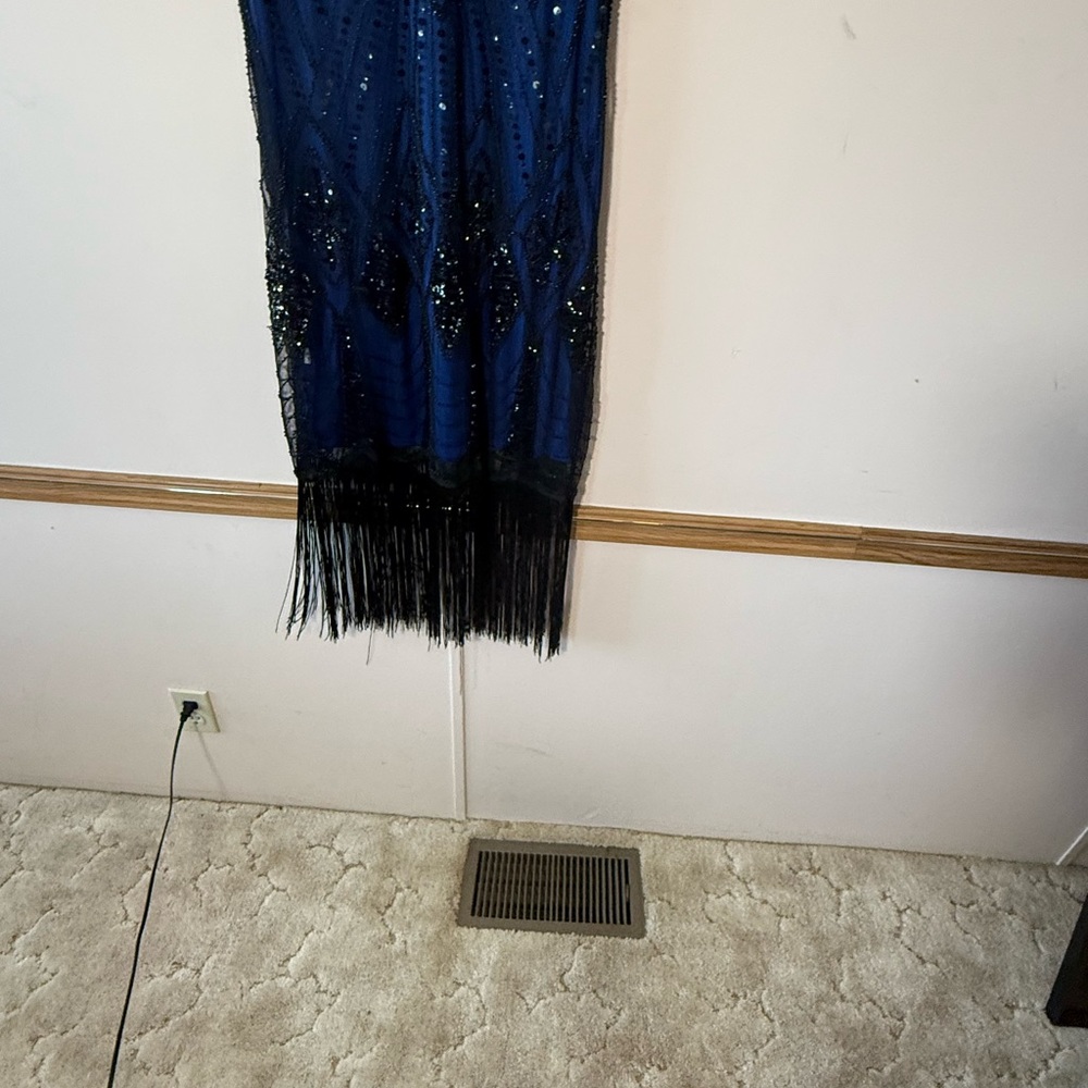 Elegant Blue and Black Maxi Skirt with Fringe